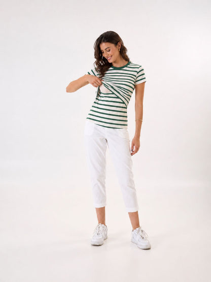 T-Shirt Allattamento "Easy-Access" a Righe: Stile e Praticità Quotidiana